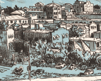 Santa Cruz, Water and Center Streets, lithograph