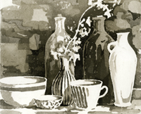 Seven Vessels and Flowers, sugar lift aquatint etching